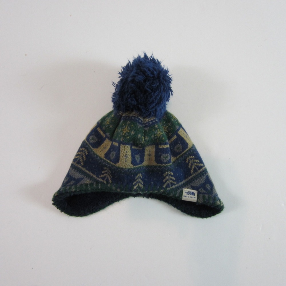 North Face Baby Boy Blue Beanie Winter Hat Pom 0-6 Months Ear Flaps XXS